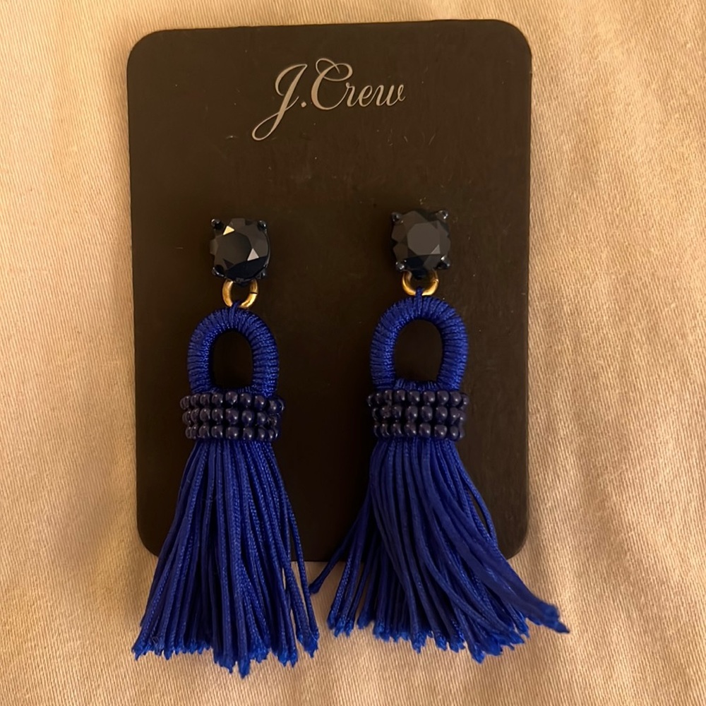 J.Crew Blue Tassel Statement Earrings Gold Tone NWT